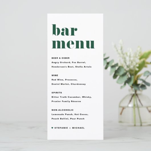 Groen Vet Retro Typografie Bruiloft Bar Menu (Staand voorkant)
