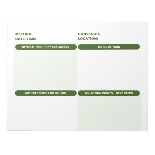Groen Vierdelige VERGADERING NOTITIES Notitieblok (Voorkant)