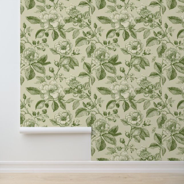 Groen Vintage Botanisch Toile Patroon Behang (Applicatie)