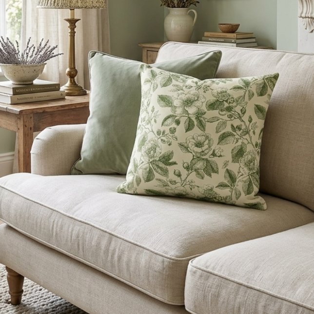 Groen Vintage Botanisch Toile Patroon Kussen (Creator heeft geüpload)