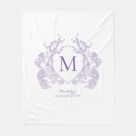 groen Violet Floral Crest Monogram Fleece Deken (Voorkant)