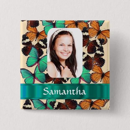 Groen vlinderpatroon foto sjabloon vierkante button 5,1 cm (Voorkant)