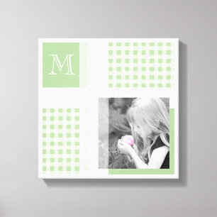 Groen voeg je foto Gingham Modern Monogram toe Canvas Afdruk