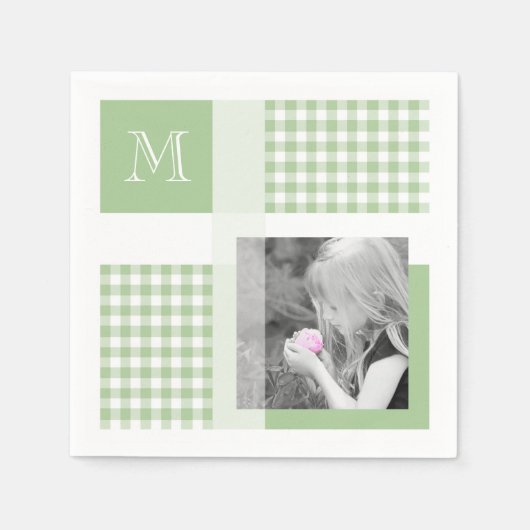 Groen voeg je foto Gingham Modern Monogram toe Servet (Voorkant)