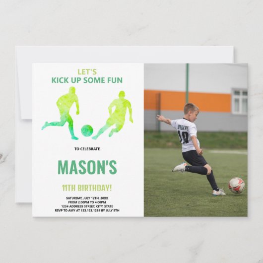 Groen Voetbal Verjaardag Uitnodiging met Foto (Voorkant)