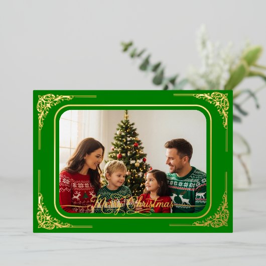 Groen Volledige foto Goud ingelijst Kerstmis Folie Feestdagenkaart (Staand Voorkant)