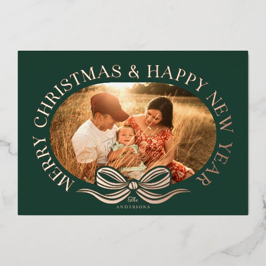 Groen Vrolijk Kerstmis Bow Brons Folie Vakantie Ka Folie Feestdagenkaart (Voorkant)