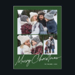 Groen Vrolijk Kerstmis Kalligrafie Eenvoudig 3 Fot Feestdagenkaart<br><div class="desc">Green Merry Christmas Calligraphy Script Simple Photo Holiday Kaart beschikt over een moderne kalligrafie begroeting over drie foto's met ruimte voor uw langere bericht op de achterkant.</div>