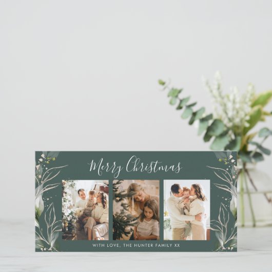 Groen Vrolijk Kerstmis Modern 3 Foto Vakantie Kaar Bedankkaart (Staand voorkant)