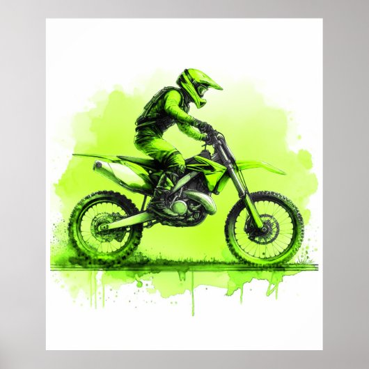 Groen Water Kleur Dirt Bike Poster (Voorkant)