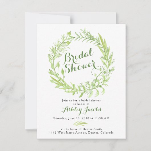 Groen Watercolo Krans Bruids Douche Uitnodiging (Voorkant)