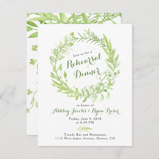 Groen Watercolo Krans repetitie diner Kaart (Voorkant / Achterkant)