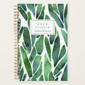 Groen Waterverf Bladpatroon Monogram 2024 Planner (Voorkant)