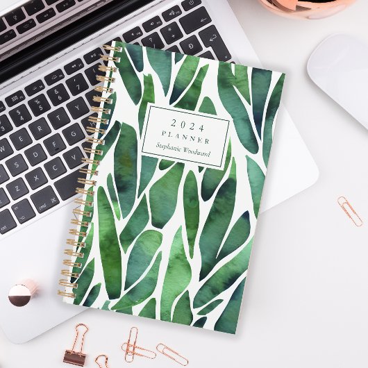 Groen Waterverf Bladpatroon Monogram 2024 Planner