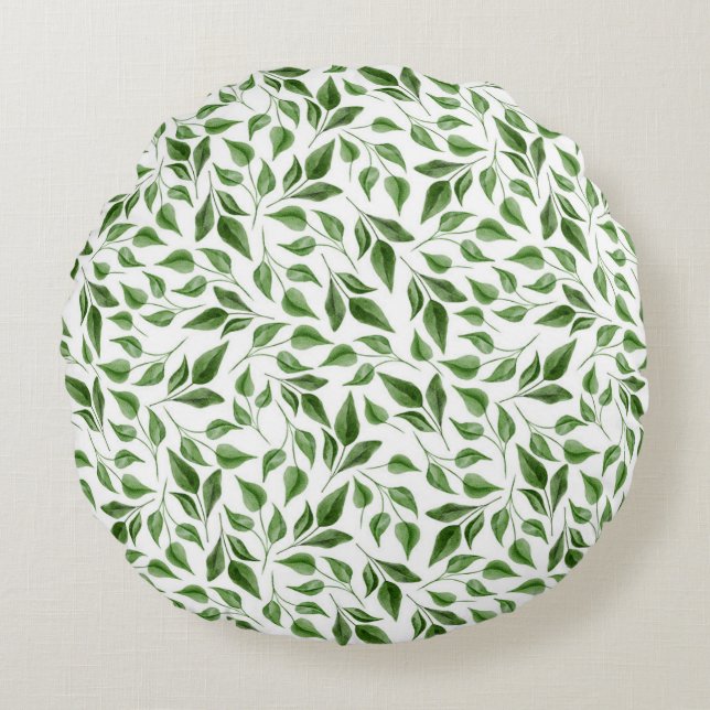 Groen Waterverf Botanisch Bladeren Patroon Rond Kussen (Voorkant)