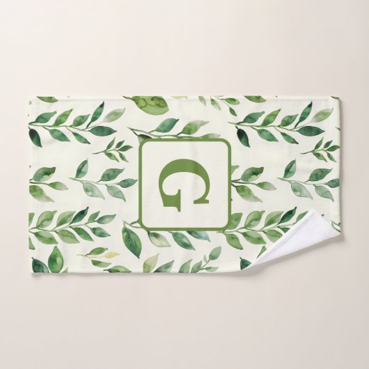 Groen Waterverf Botanische bladeren monogram Bad Handdoek (Handdoek)