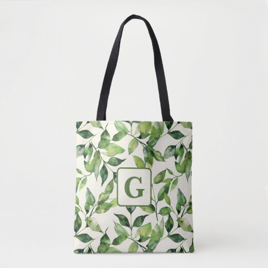Groen Waterverf Botanische bladeren monogram Tote Bag (Voorkant)