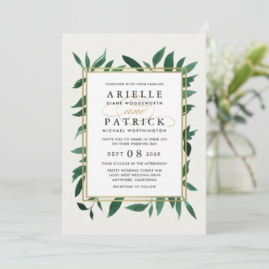 Groen Waterverf Botanische bruiloft uitnodigingen (Staand voorkant)