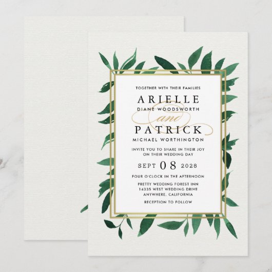 Groen Waterverf Botanische bruiloft uitnodigingen (Voorkant / Achterkant)