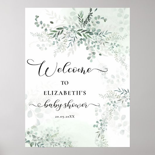 Groen Waterverf Eucalyptus Baby shower Welkom Poster (Voorkant)