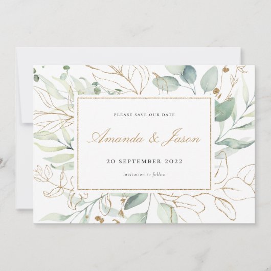 Groen Waterverf Eucalyptus Rustic Gold Foliage Save The Date (Voorkant)