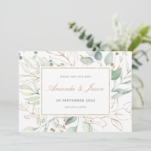 Groen Waterverf Eucalyptus Rustic Gold Foliage Save The Date (Staand voorkant)