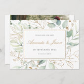 Groen Waterverf Eucalyptus Rustic Gold Foliage Save The Date (Voorkant / Achterkant)