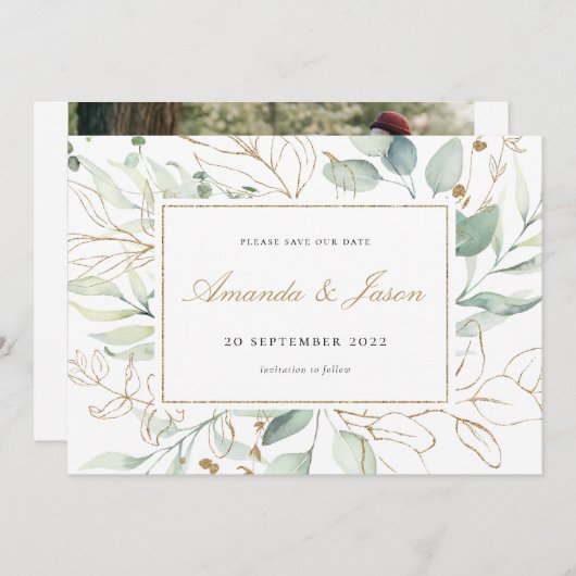 Groen Waterverf Eucalyptus Rustic Gold Foliage Save The Date (Voorkant / Achterkant)