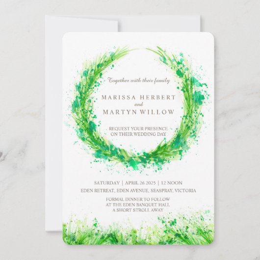 Groen waterverf gras bruiloft uitnodigingen (Voorkant)