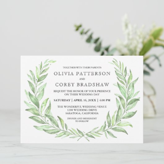 groen Waterverf laurier krans bruiloft Kaart (Staand voorkant)