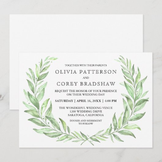 groen Waterverf laurier krans bruiloft Kaart (Voorkant / Achterkant)