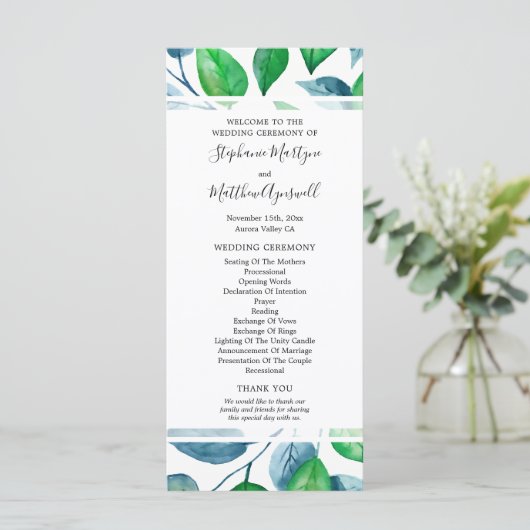 groen Waterverf loof bruiloft bruiloft ceremonie Programmakaart (Staand voorkant)