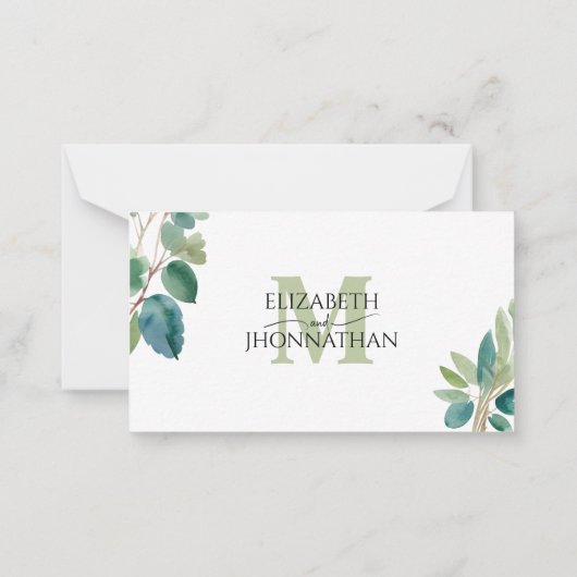 Groen Waterverf RSVP monogram Notitiekaartje (Achterkant)