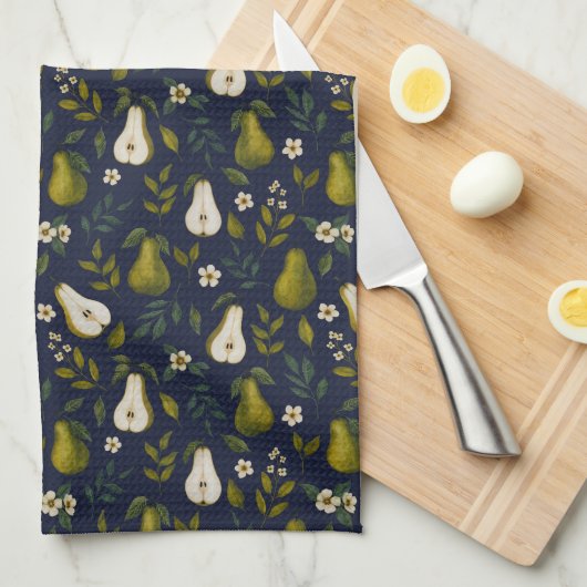 Groen Waterverfpatroon met Peer op Donkerblauw Theedoek (Quarter Fold)