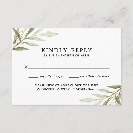 Groen waterverven groen gouden bladeren RSVP Informatiekaartje (Voorkant)