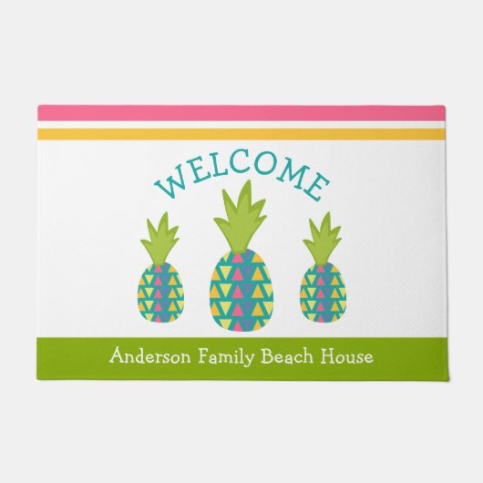 Groen Welkom 3 Tropische Ananas Beach House Deurmat (Voorkant)