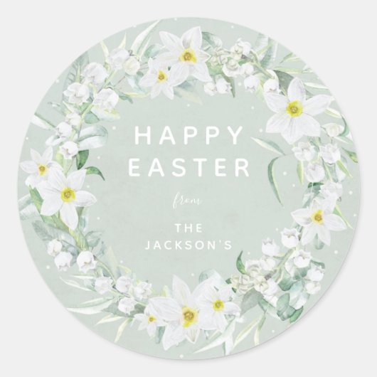 Groen + White Floral Wreate Easter Message Ronde Sticker (Voorkant)