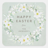 Groen + White Floral Wreate Easter Message Vierkante Sticker (Voorkant)