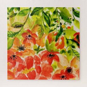 Groen Wildbloeiende koraalbloemen Waterverf Legpuzzel