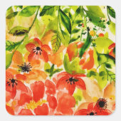 Groen Wildbloeiende koraalbloemen Waterverf Vierkante Sticker (Voorkant)