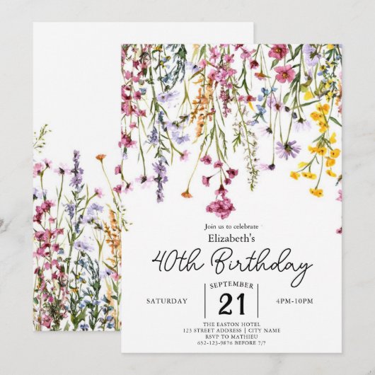 groen Wildbloemen 40e verjaardag Kaart (Voorkant / Achterkant)