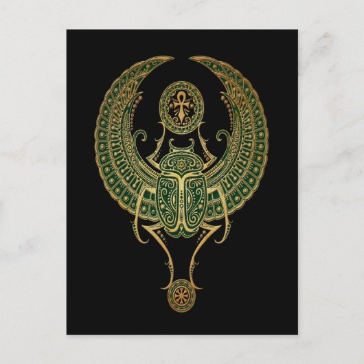 Groen Winged Egyptisch Scarab Beetle Black Briefkaart (Voorkant)