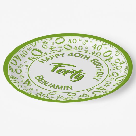 Groen/wit 40th Birthday Party Number Pattern Papieren Bordje (Gekanteld)