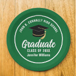 Groen Wit Afstuderen Custom 2025 Graduation Party Papieren Bordje<br><div class="desc">Dit moderne groene en witte aangepaste afstudeerfeest papier bord is voorzien van stijlvolle typografie van uw middelbare school of hogeschool naam voor de klas van 2025. Pas je aan met je afstudeerjaar onder het chique handgeschreven script en zwart afstudeerders pet voor een geweldige persoonlijke afstuderen.</div>