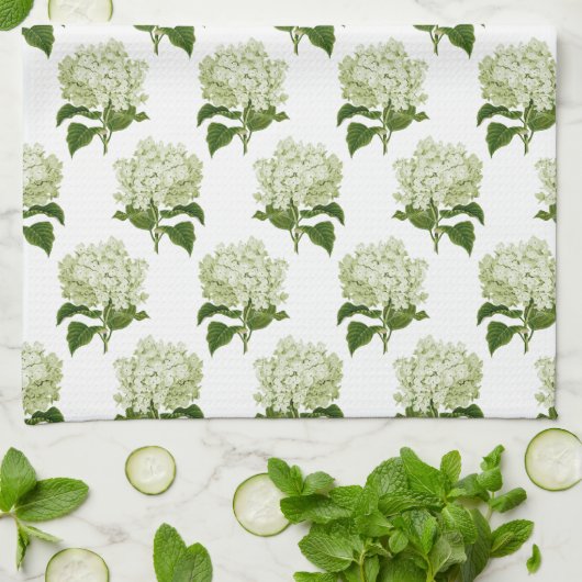 Groen Wit Antiek Hydrangea Illustratiepatroon Theedoek (Gevouwen)