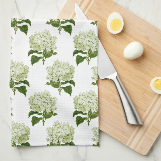 Groen Wit Antiek Hydrangea Illustratiepatroon Theedoek (Quarter Fold)