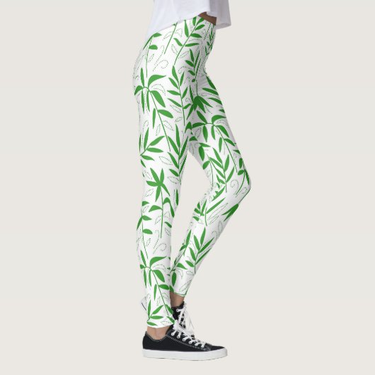 Groen & wit bamboe blad Japans patroon Leggings (Rechts)