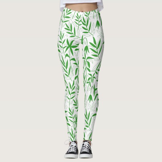 Groen & wit bamboe blad Japans patroon Leggings (Voorkant)