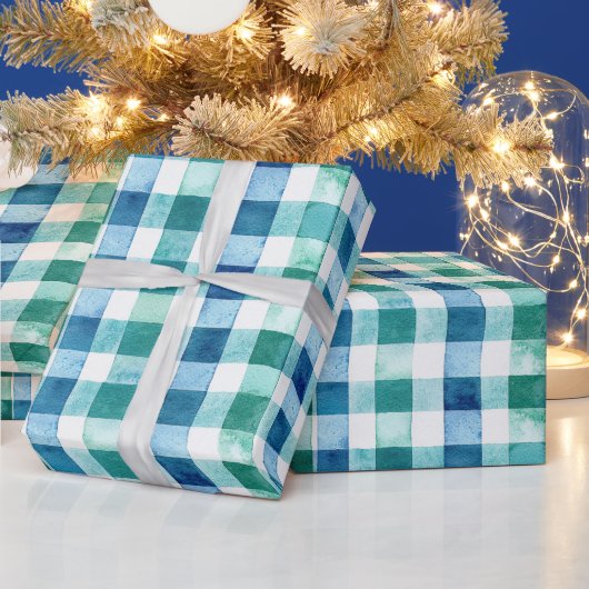 Groen Wit Blauw Plaid Stripes Kerstmis Cadeaupapier (Feestdagen)