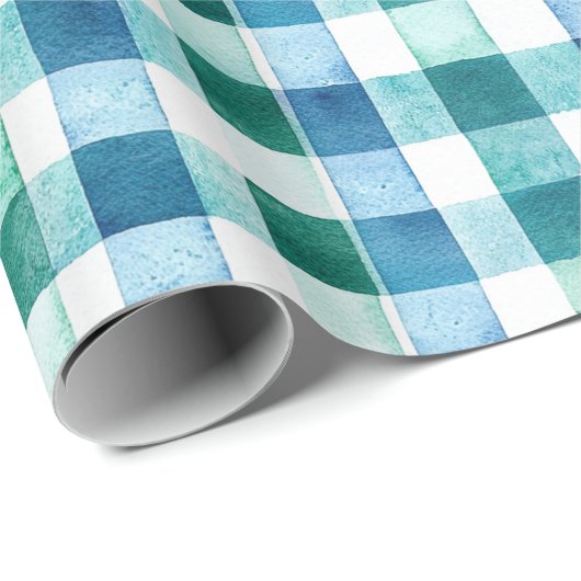 Groen Wit Blauw Plaid Stripes Kerstmis Cadeaupapier (Rol Hoek)